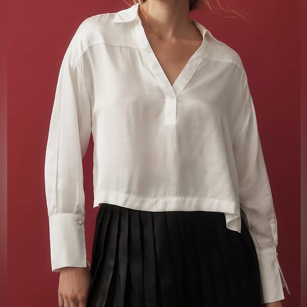 NWT Maeve Anthropologie Silky Collared Popover Blouse Women’s XXS White Business
